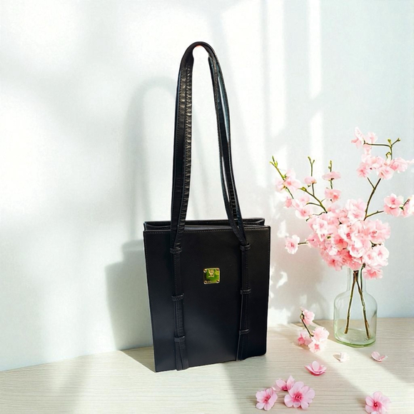 MCM Handbags - MCM Black Leather Gold Logo Tall Tote Bag